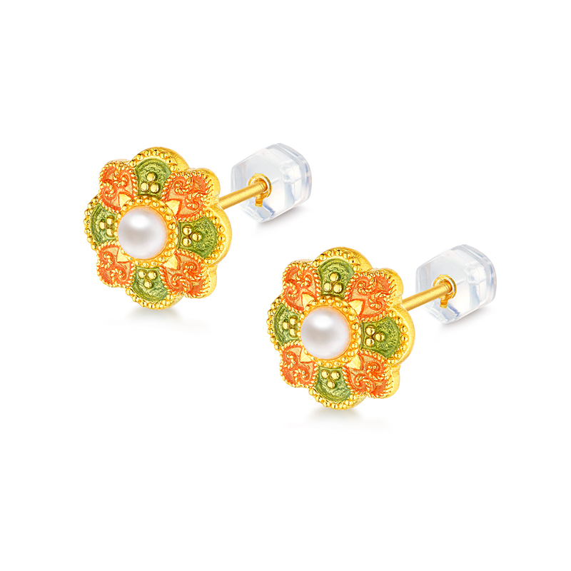 六福珠宝福满传家敦丽金煌唐彩宝相花黄金耳钉女珍珠计价026866EA