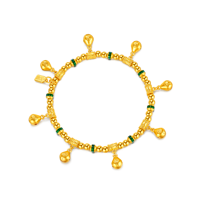 六福珠宝福满传家木鱼祈福铃黄金手链足金手串女款计价G39G0011DS绿色【联系客服补货】