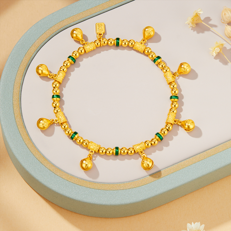 六福珠宝福满传家木鱼祈福铃黄金手链足金手串女款计价G39G0011DS绿色【联系客服补货】