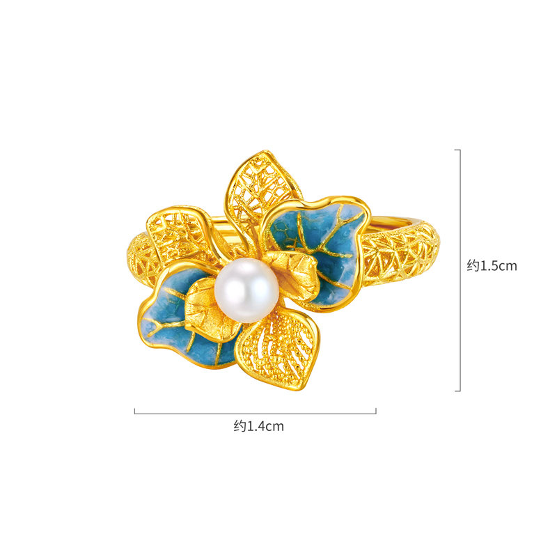 六福珠宝空谷幽兰黄金珍珠透窗鎏彩工艺兰花戒指女计价F21G0030DS