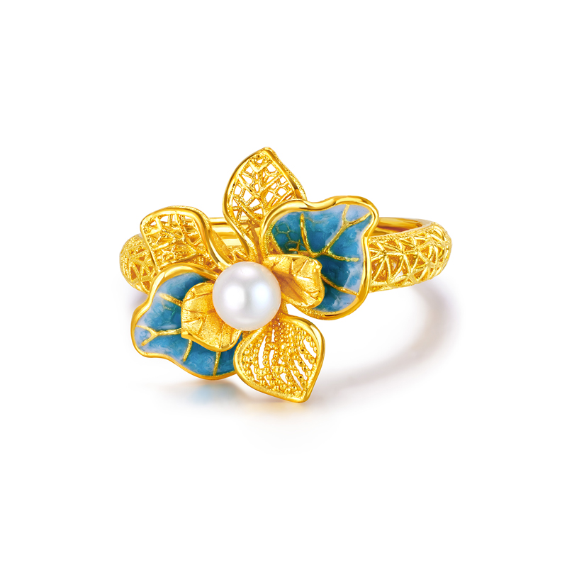 六福珠宝空谷幽兰黄金珍珠透窗鎏彩工艺兰花戒指女计价F21G0030DS