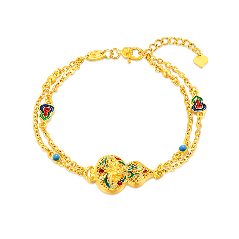 六福珠宝福满传家福禄生莲黄金手链葫芦鎏彩工艺计价F41TBGB0018【视频看货】