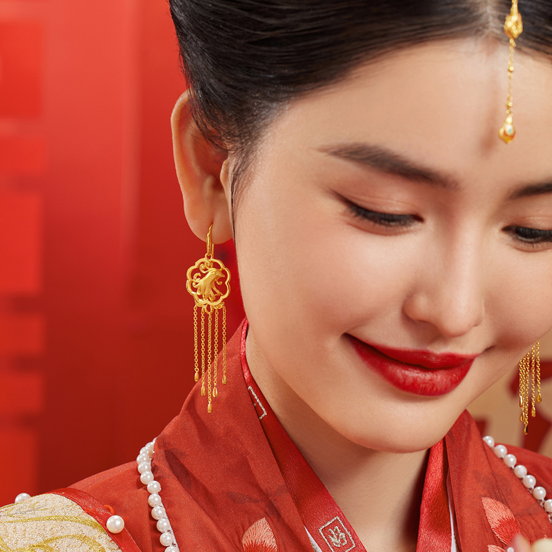 六福珠宝龙凤呈祥黄金耳坠女囍爱系列足金耳环婚嫁礼计价000858EA