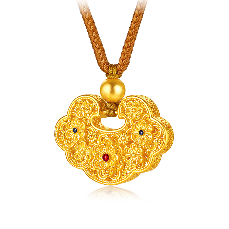 六福珠宝福满传家栀子花开黄金项链古法锁包吊坠计价F41TBGP0015【1V1直播看货】