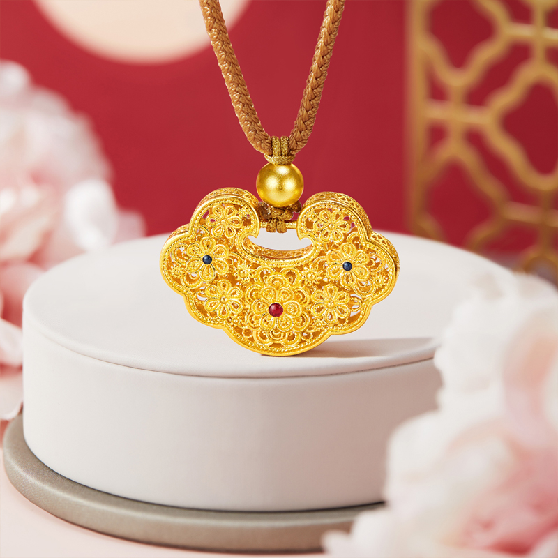 六福珠宝福满传家栀子花开黄金项链古法锁包吊坠计价F41TBGP0015【1V1直播看货】