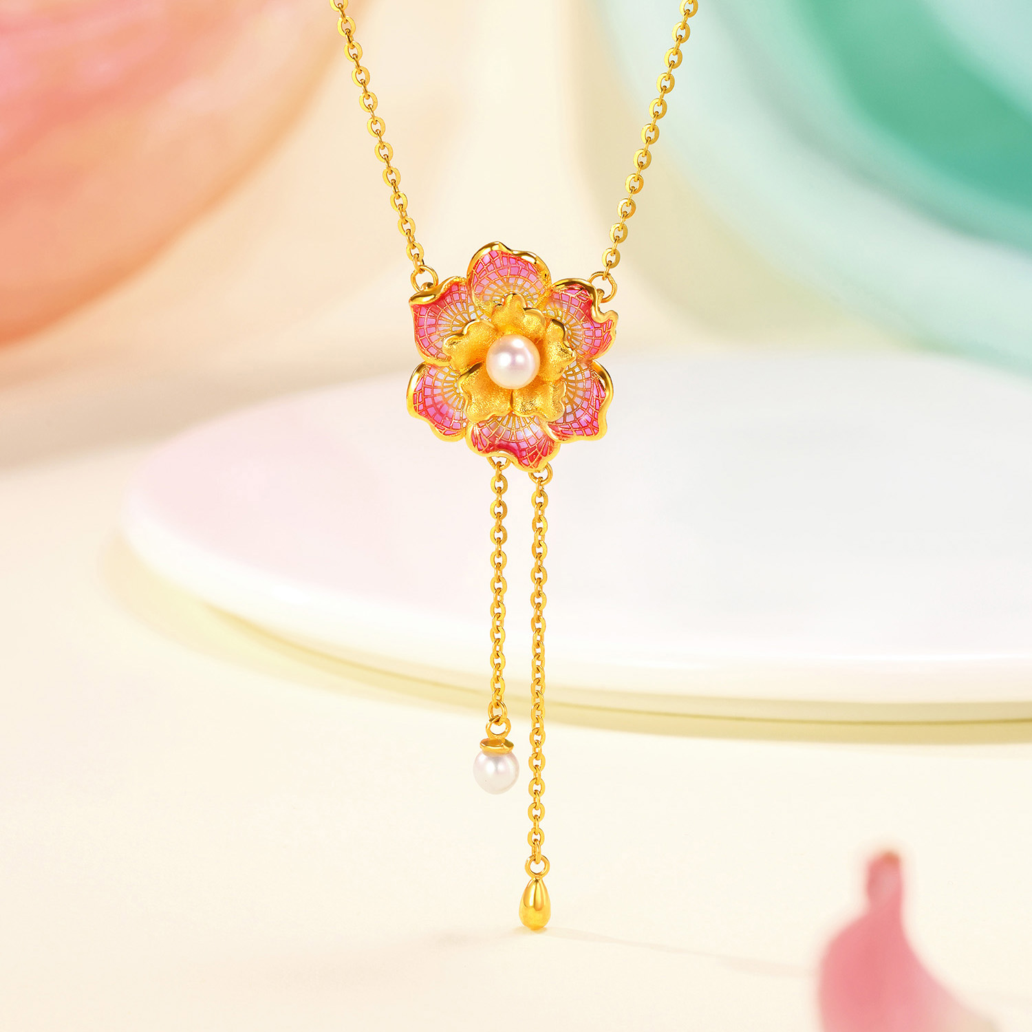 六福珠宝石榴花黄金项链珍珠流苏颈链透窗鎏彩工艺计价F21G0025DS【1V1直播看货】