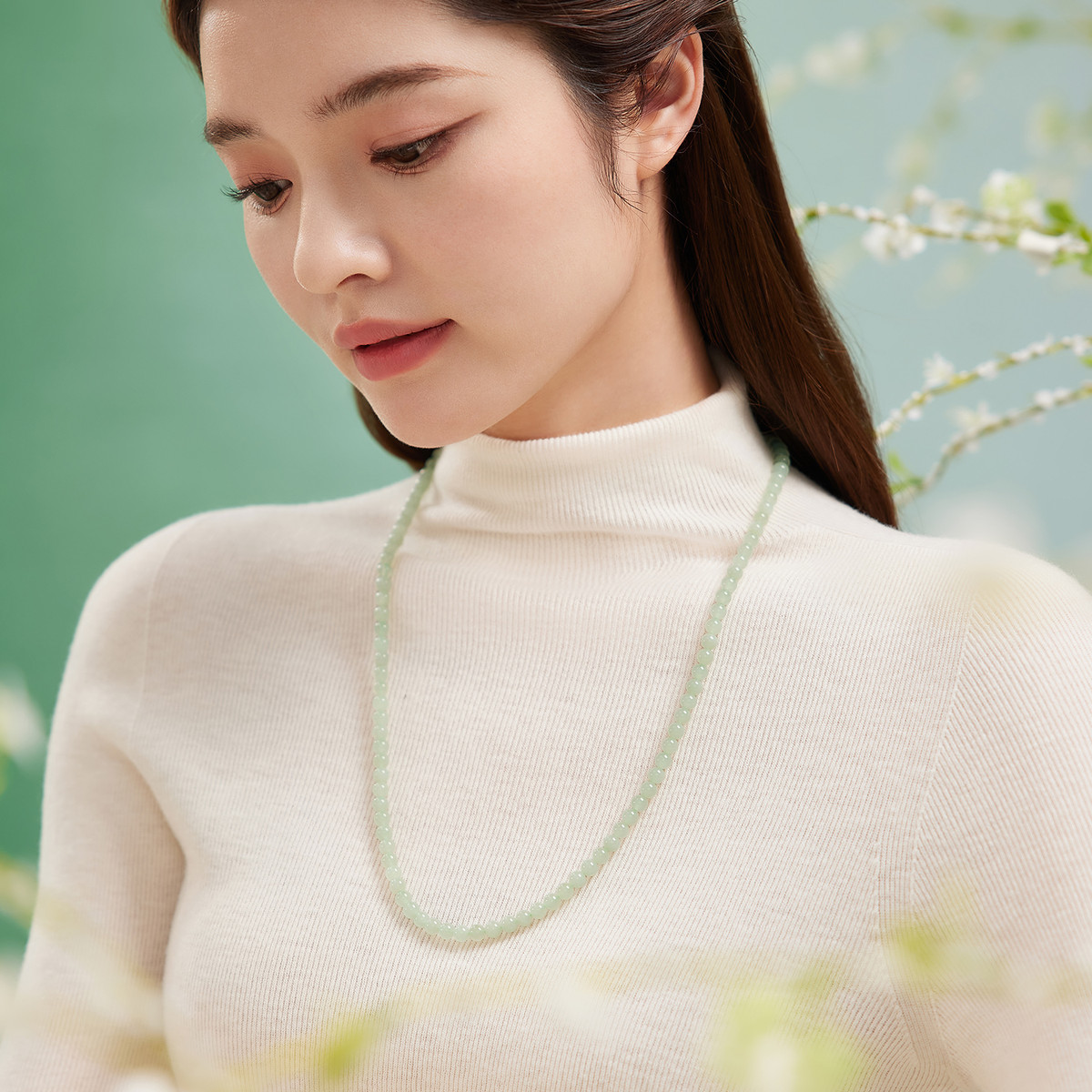 六福珠宝圆珠和田玉项链女款Ag925元宝银扣6mm玉石首饰F21A0003DS