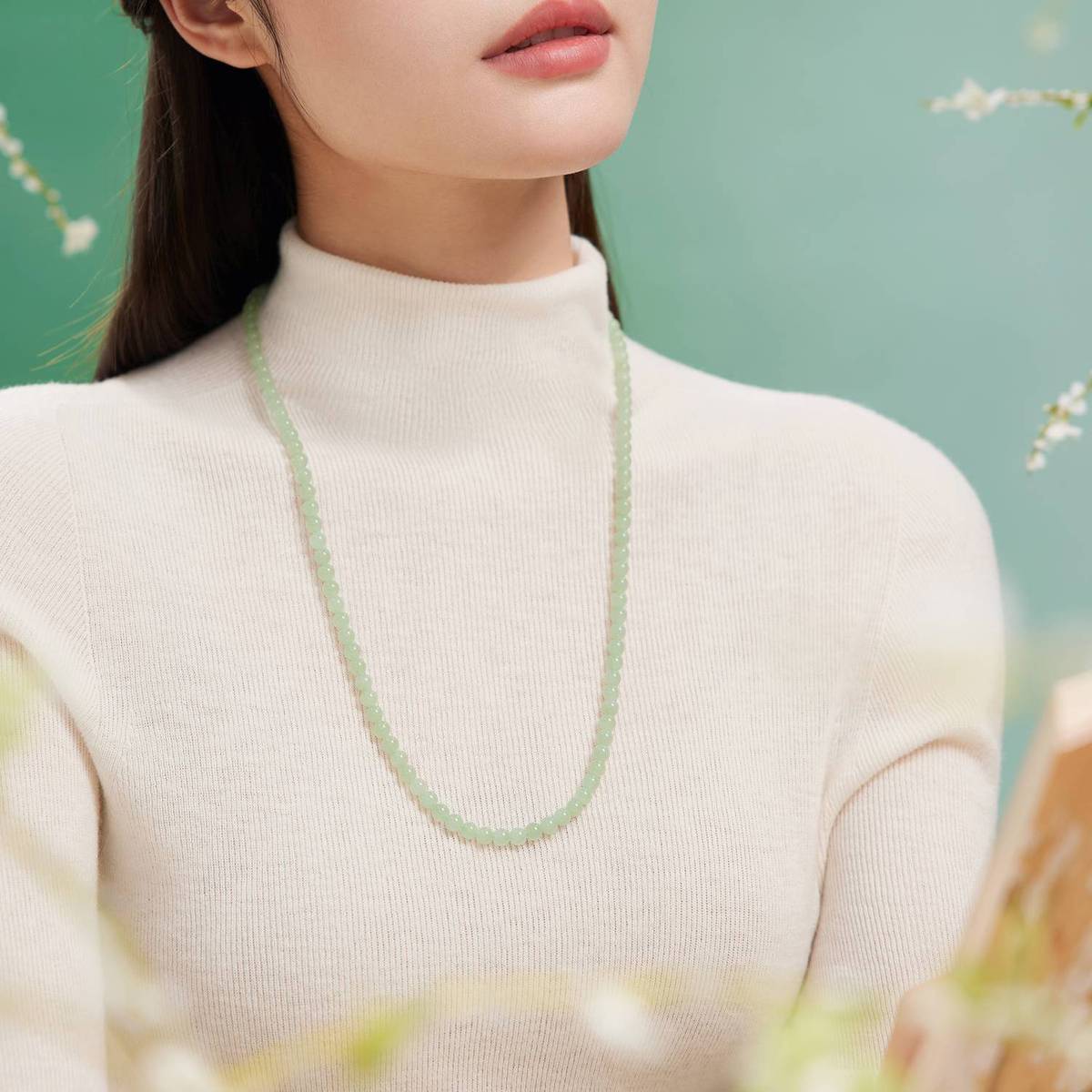 六福珠宝圆珠和田玉项链女款Ag925元宝银扣6mm玉石首饰F21A0003DS