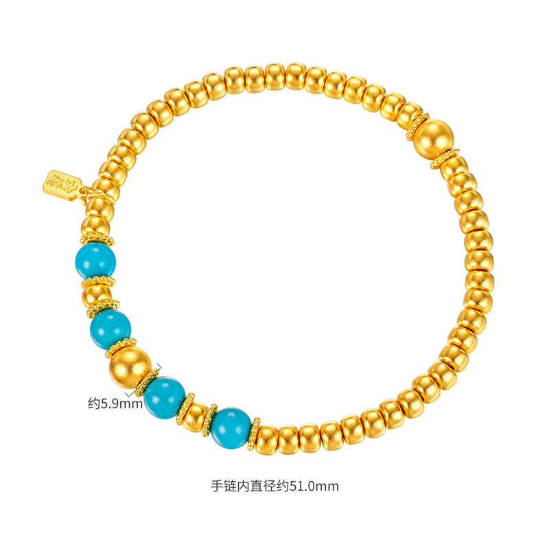 六福珠宝松澜算盘珠黄金文玩黄金手链女金珠绿松石手串计价G39G0019DS