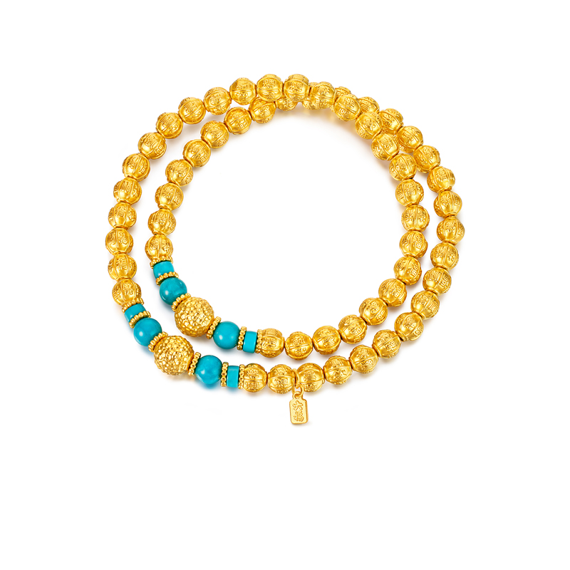 六福珠宝松澜福珠文玩黄金手链女款绿松石双圈手串计价G39G0020DS【1V1直播看货】