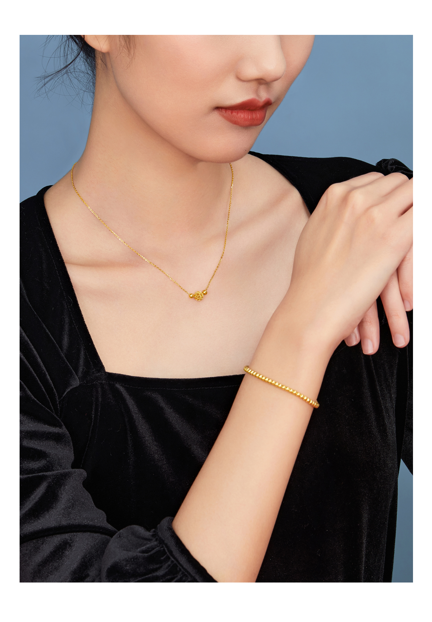 六福珠宝花丝玲珑黄金项链女足金计价F63TBGN0015