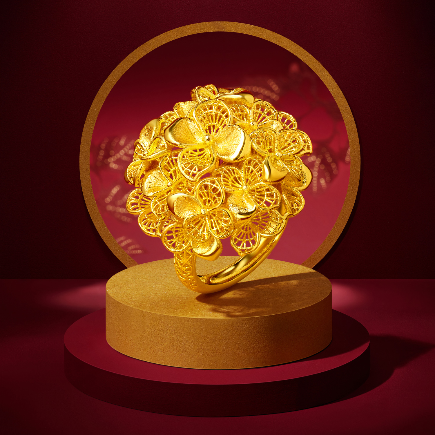 六福珠宝囍爱系列锦绣佳缘黄金戒指女金绣球花婚嫁礼计价020796RA【1V1直播看货】