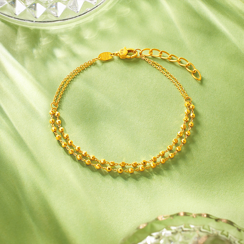 六福珠宝双层车花金珠黄金手链女时尚ab链足金首饰计价F63G0003DS