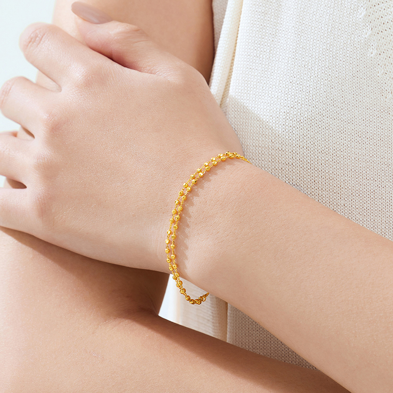 六福珠宝双层车花金珠黄金手链女时尚ab链足金首饰计价F63G0003DS