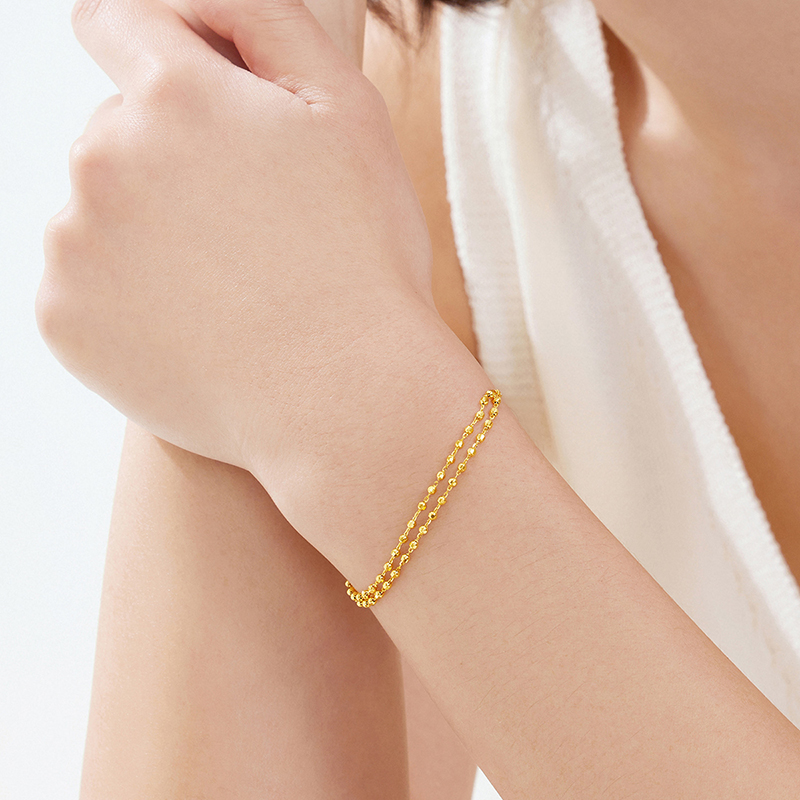 六福珠宝双层车花金珠黄金手链女时尚ab链足金首饰计价F63G0003DS