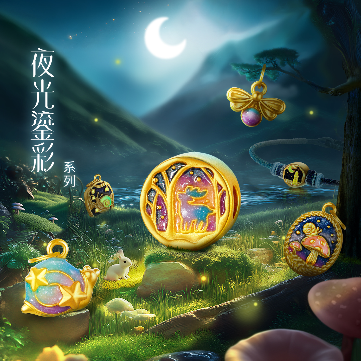 六福珠宝森系夜光鎏彩工艺黄金转运珠足金吊坠串珠GJA0033DS女神节