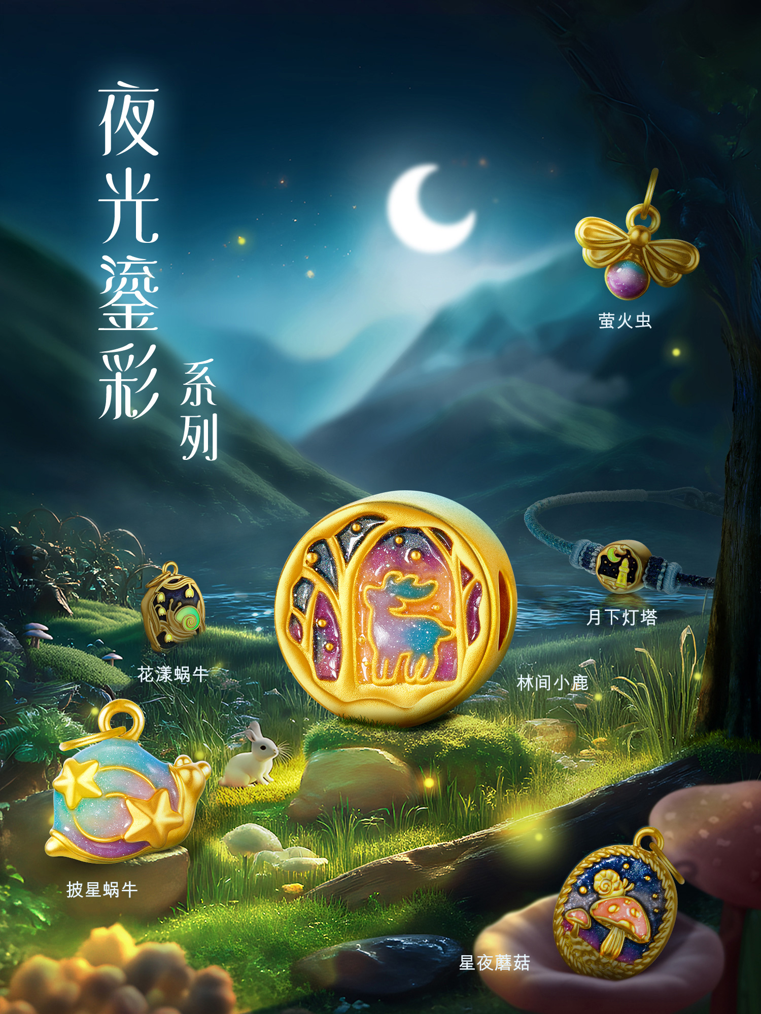 六福珠宝森系夜光鎏彩工艺黄金转运珠足金吊坠串珠GJA0033DS女神节