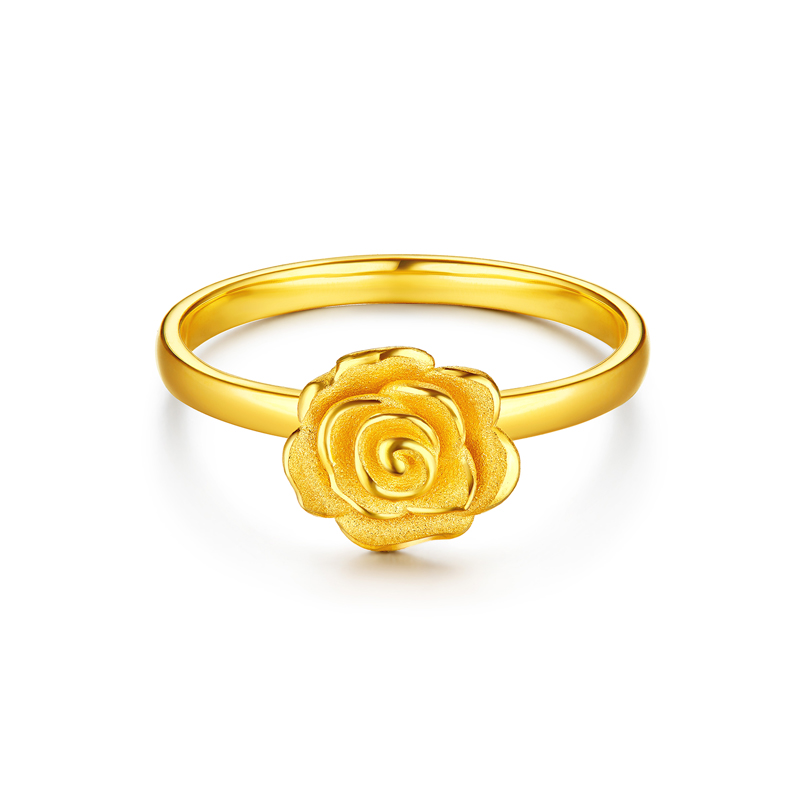 六福珠宝玫瑰花黄金足金实心戒指喷砂工艺女款计价GJG0083DS【联系客服补货】