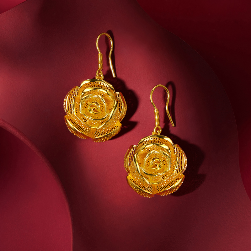 六福珠宝玫瑰嫣语黄金耳环女结婚三金耳饰花丝婚嫁计价F21G0032DS【1V1直播看货】