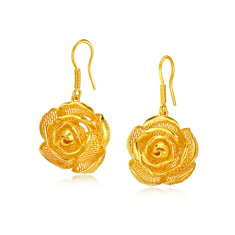 六福珠宝玫瑰嫣语黄金耳环女结婚三金耳饰花丝婚嫁计价F21G0032DS【1V1直播看货】