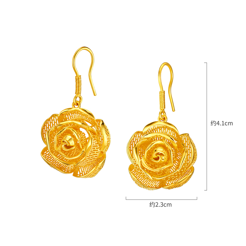 六福珠宝玫瑰嫣语黄金耳环女结婚三金耳饰花丝婚嫁计价F21G0032DS【1V1直播看货】