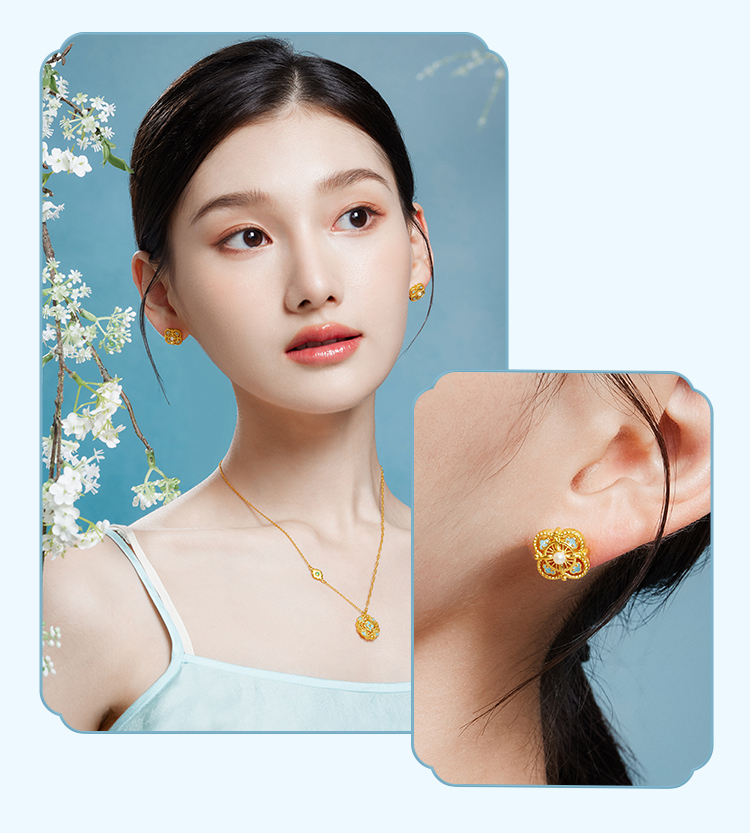 六福珠宝福满传家宋韵四合如意黄金耳钉女珍珠金耳饰计价021988EA【联系客服补货】