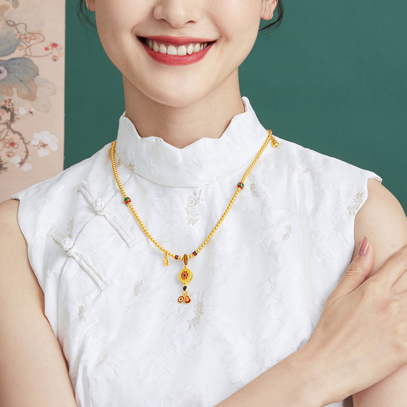 六福珠宝福满传家古法黄金项链鎏彩手链三圈手串计价F63TBGN0027【1V1直播看货】