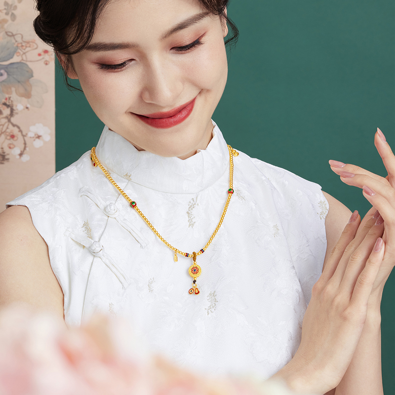 六福珠宝福满传家古法黄金项链鎏彩手链三圈手串计价F63TBGN0027【1V1直播看货】
