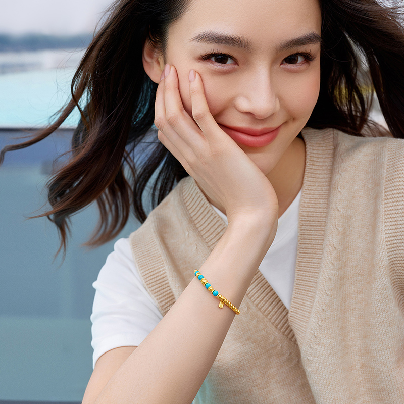 六福珠宝松澜算盘珠黄金文玩黄金手链女金珠绿松石手串计价G39G0019DS