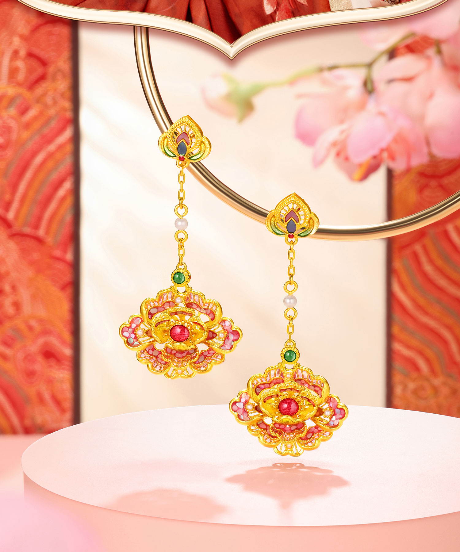 六福珠宝福满传家臻美华章黄金耳钉手工点螺牡丹花计价L17G0006DS【联系客服补货】【视频看货】