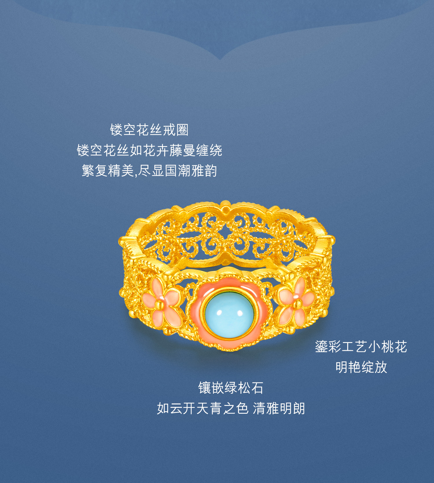 六福珠宝满传家宋韵花开福临黄金戒指镶绿松石女计价L07TBGR0027【联系客服咨询】