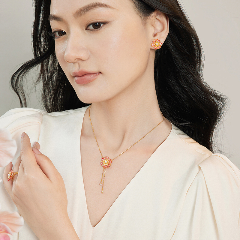 六福珠宝石榴花黄金项链珍珠流苏颈链透窗鎏彩工艺计价F21G0025DS【1V1直播看货】