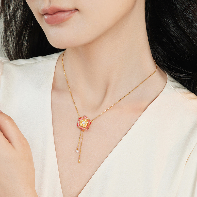 六福珠宝石榴花黄金项链珍珠流苏颈链透窗鎏彩工艺计价F21G0025DS【1V1直播看货】