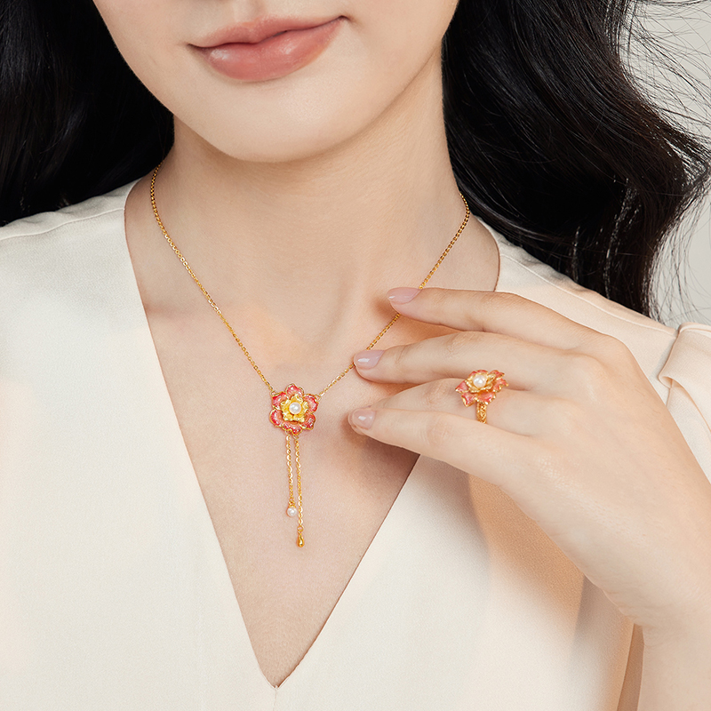 六福珠宝石榴花黄金项链珍珠流苏颈链透窗鎏彩工艺计价F21G0025DS【1V1直播看货】