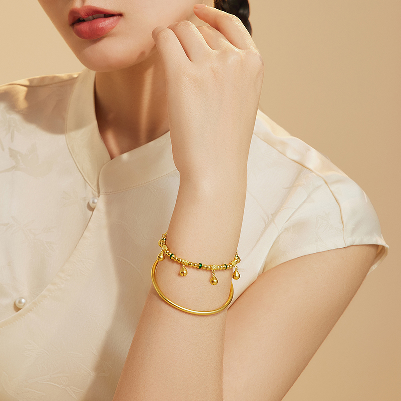 六福珠宝福满传家木鱼祈福铃黄金手链足金手串女款计价G39G0011DS绿色【联系客服补货】