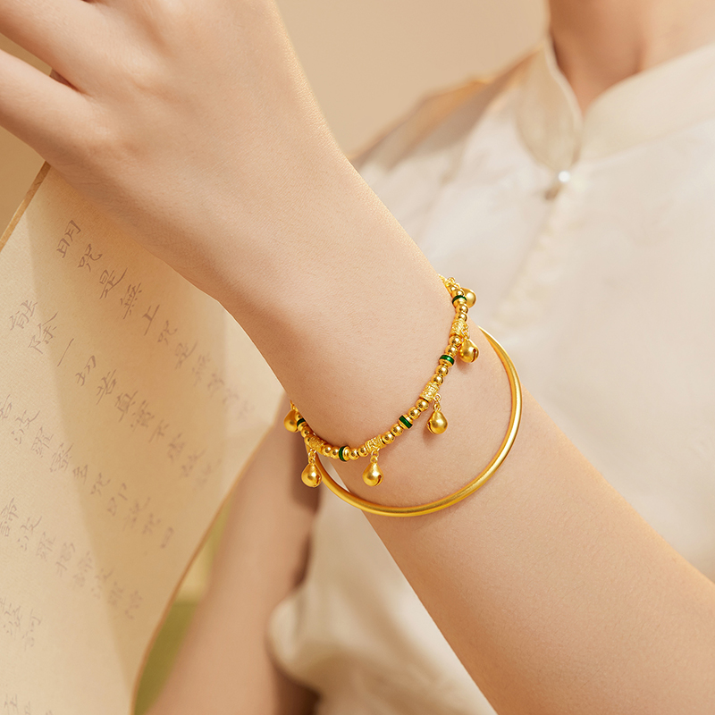 六福珠宝福满传家木鱼祈福铃黄金手链足金手串女款计价G39G0011DS绿色【联系客服补货】