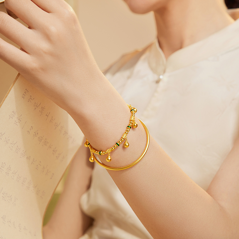 六福珠宝福满传家木鱼祈福铃黄金手链足金手串女款计价G39G0011DS绿色【联系客服补货】