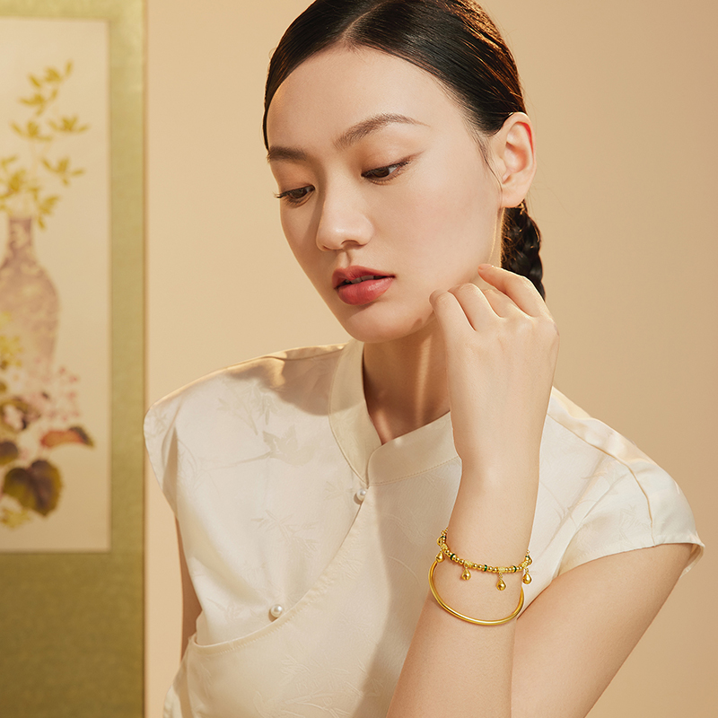 六福珠宝福满传家木鱼祈福铃黄金手链足金手串女款计价G39G0011DS绿色【联系客服补货】