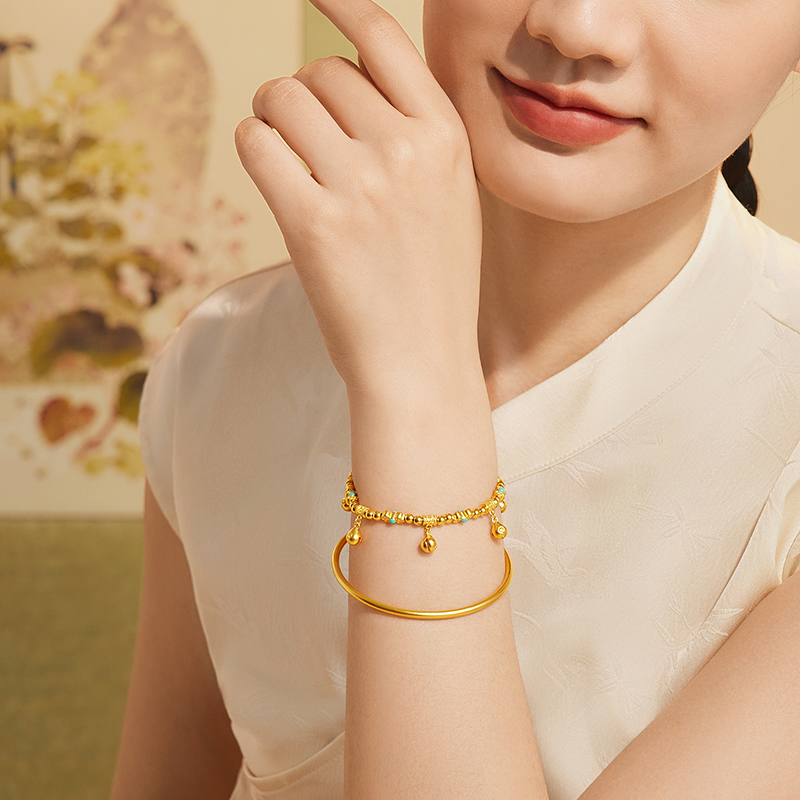  六福珠宝福满传家木鱼祈福铃黄金手链足金手串女款计价G39G0012DS【联系客服补货】