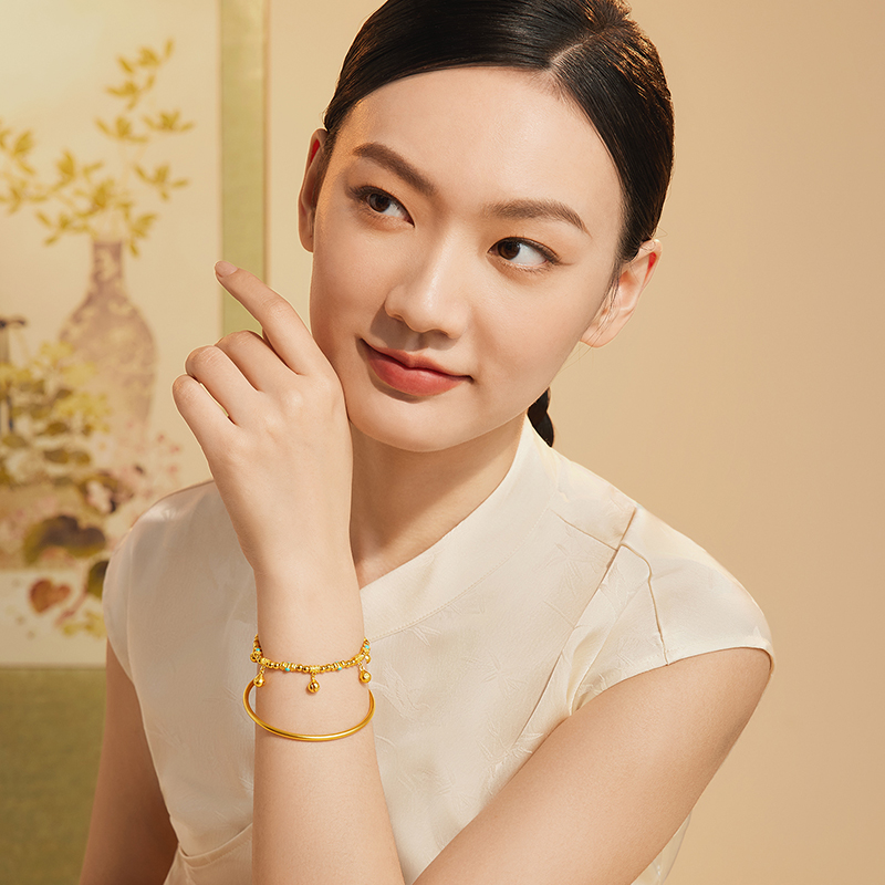  六福珠宝福满传家木鱼祈福铃黄金手链足金手串女款计价G39G0012DS【联系客服补货】