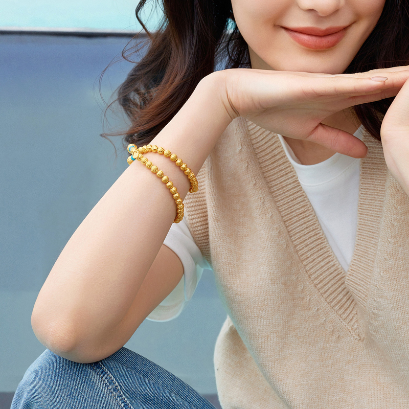 六福珠宝松澜福珠文玩黄金手链女款绿松石双圈手串计价G39G0020DS【1V1直播看货】