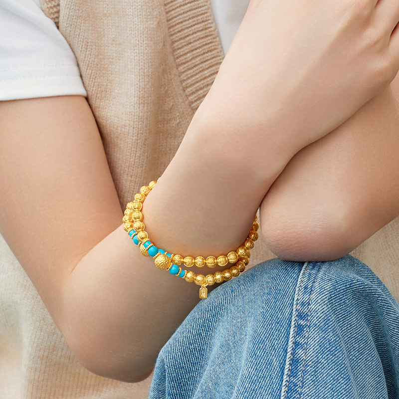 六福珠宝松澜福珠文玩黄金手链女款绿松石双圈手串计价G39G0020DS【1V1直播看货】