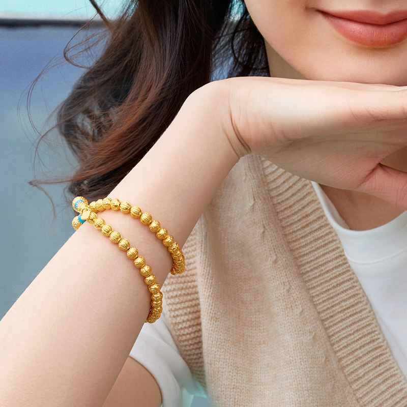 六福珠宝松澜福珠文玩黄金手链女款绿松石双圈手串计价G39G0020DS【1V1直播看货】