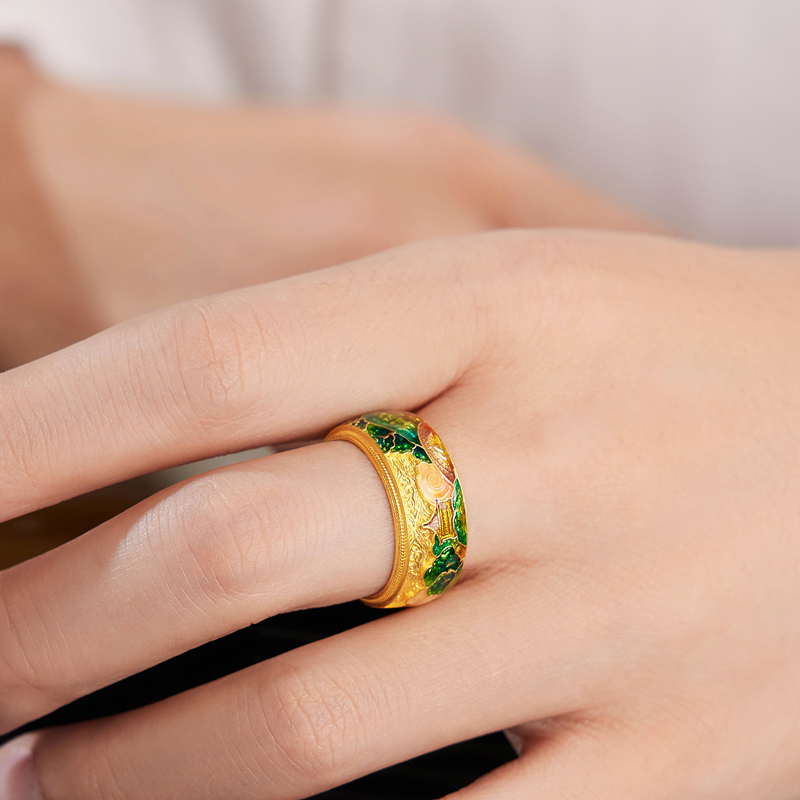 六福珠宝福满传家锦绣山河黄金戒指男款鎏彩工艺计价G21TBGR0012【视频看货】