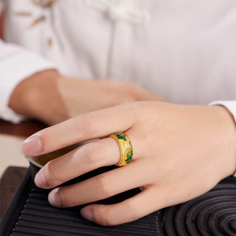 六福珠宝福满传家锦绣山河黄金戒指男款鎏彩工艺计价G21TBGR0012【视频看货】