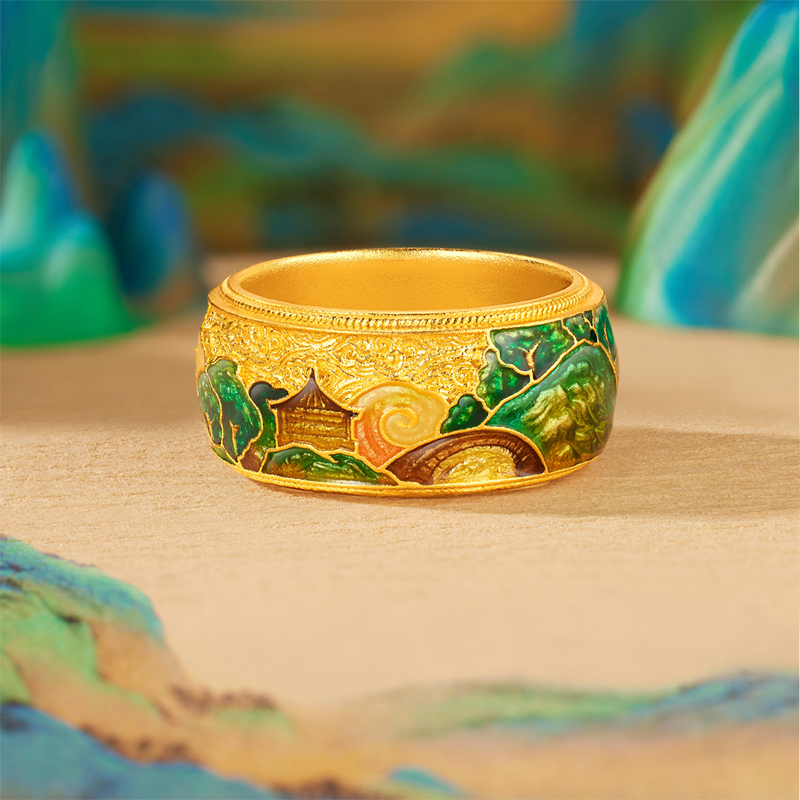 六福珠宝福满传家锦绣山河黄金戒指男款鎏彩工艺计价G21TBGR0012【视频看货】