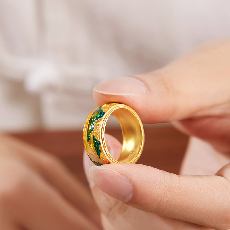 六福珠宝福满传家锦绣山河黄金戒指男款鎏彩工艺计价G21TBGR0012【视频看货】