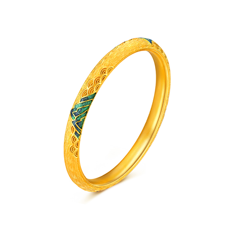 六福珠宝福满传家青山云海黄金手镯女鎏彩金镯子计价A01TBGB0016【视频看货】