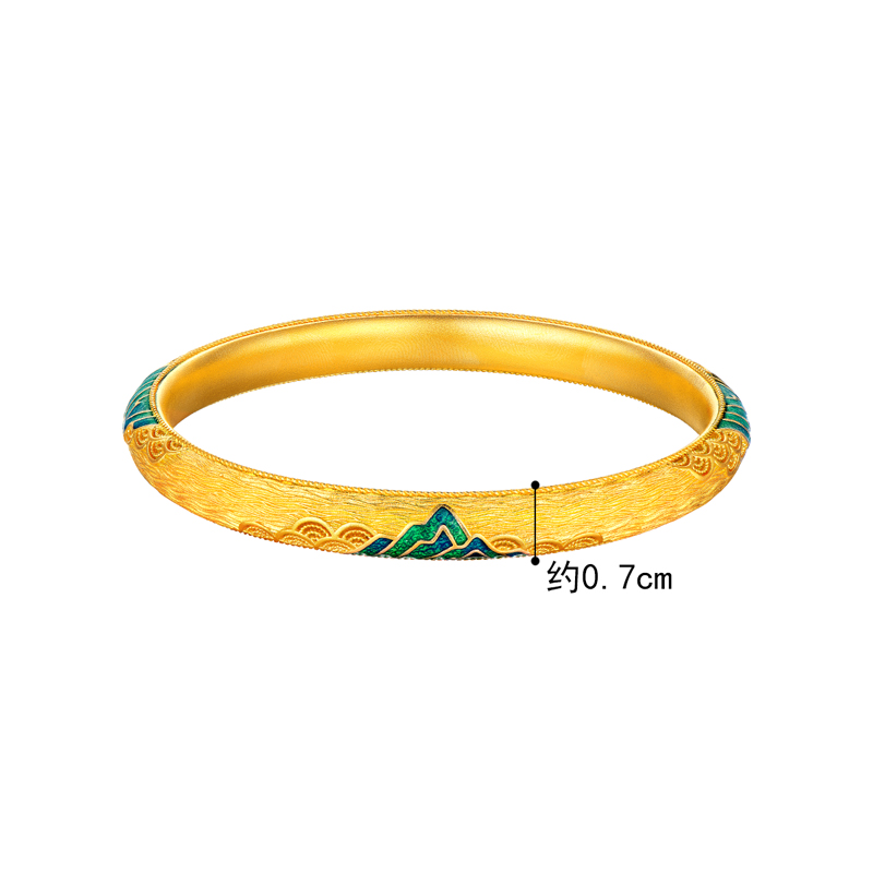 六福珠宝福满传家青山云海黄金手镯女鎏彩金镯子计价A01TBGB0016【视频看货】