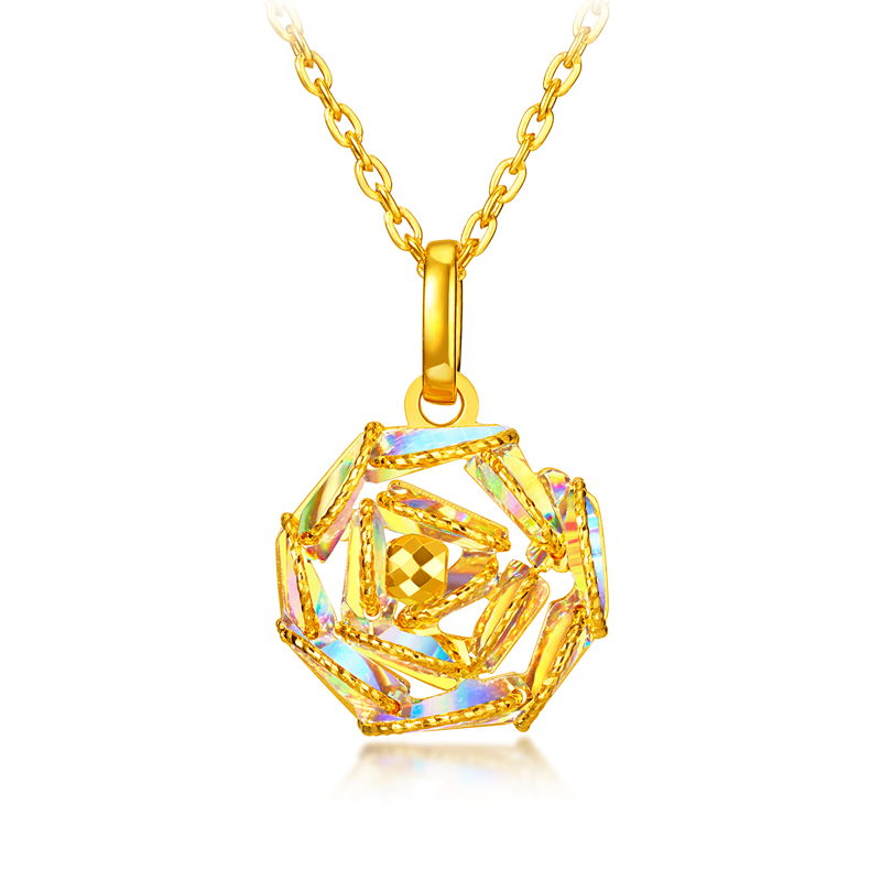 六福珠宝成毅同款系列冰·钻玫瑰黄金吊坠女款5G足金挂坠029591PC